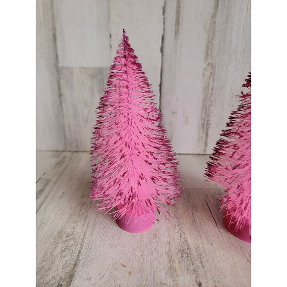 Pink snow frosted bristle brush tree set Xmas Decor figure - Picture 2 of 5